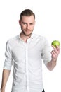 Man in his 20s holding an apple