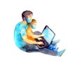 Man and his son in medical mask stay home, use laptop. Watercolor illustration - work in covid-19 virus pandemic