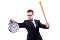 Man hitting the clock with baseball bat isolated Royalty Free Stock Photo