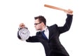 Man hitting the clock with baseball bat isolated Royalty Free Stock Photo