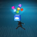 Man hitting cloud box illuminated app icons with tech background Royalty Free Stock Photo