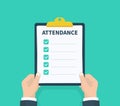 Man hold Attendance clipboard with checklist. Questionnaire, survey, clipboard, task list. Flat design, vector