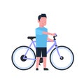 Man hold bike over white background cartoon full length cycling character flat style