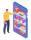 Man hold book standing vending volume machine, erudite male buy online store journal isometric 3d vector illustration