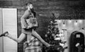 Man hold box hurry to deliver gift on time. Spread happiness and joy. Bearded guy in motion jump. Delivery christmas Royalty Free Stock Photo