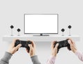 Man hold gamepad in hands in front of blank tv screen mock up pl