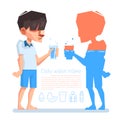 A man hold a glass in his hand, Daily water intake, Vector info-graphic illustration.