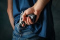 A man hold a gun from behind Self defense weapon