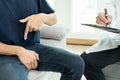 Man hold hand in front of private parts feeling discomfort and consult doctor. Venereal, testicular cancer. bladder problems,