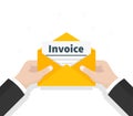 Man hold in hand invoice in envelope. Email message. The official document is received in the mail. Checking Invoice