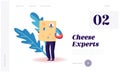 Man Hold Huge Piece of Cheese with Holes Website Landing Page. Male Character Enjoying Eating Dairy Production