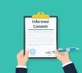 Man hold information consent. Human signs document. Business or medical agreement. Clipboard in hand. Flat design