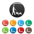 Man hold lawn mower icons set color Royalty Free Stock Photo