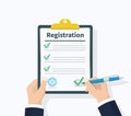 Man hold Registration clipboard with checklist. Man hold in hand clipboard agreement. Flat design, vector illustration Royalty Free Stock Photo