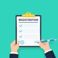 Man hold Registration clipboard with checklist. Man hold in hand clipboard agreement. Flat design, vector illustration