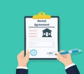 Man hold Rental agreement form contract. Clipboard in hand. Signing document. Flat design, vector illustration on Royalty Free Stock Photo