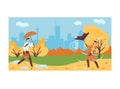 Man hold umbrella walk in urban city park, woman stroll autumn bad windy weather flat vector illustration, isolated on