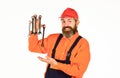 Man hold wrench tools. Wrench tool fixing tightening details. Wrench tool. Automotive Service Technicians and Mechanics