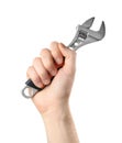 Man holding adjustable wrench isolated on white, closeup Royalty Free Stock Photo