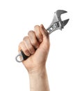 Man holding adjustable wrench isolated on white. Plumbing tools Royalty Free Stock Photo