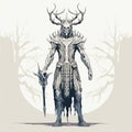 Detailed Vector Draugr With Black Man, Antlers, And Shield