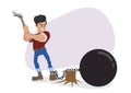 Man holding an ax to cut metal chain The concept of getting out of debt or cutting out bad habits. flat vector illustration