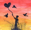 Man holding balloon in shape of heart. Worth in the mud. Watercolor drawing Royalty Free Stock Photo
