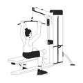 Man holding bar on lat pulldown machine flat line black white vector character