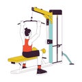 Man holding bar on lat pulldown machine flat line color vector character