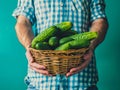 A man holding a basket of cucumbers