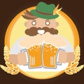 Man holding beer mugs. Vector illustration decorative background design