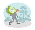 Man holding big clock and carry it in park, managing time working. Time organization and management