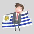 Man holding a big flag of Uruguay. 3D illustration. Royalty Free Stock Photo