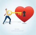 The man holding the big key with keyhole on red heart vector illustration Royalty Free Stock Photo