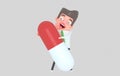 Man holding a big pill. 3d illustration. Isolate. Royalty Free Stock Photo