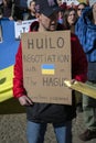 Man Holding A Billboard At The Protest Against The War In Ukraine At Amsterdam The Netherlands 27-2-2022