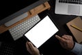 Man holding blank screen tablet design Close up of ipad.mock up tablet computer