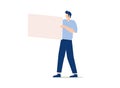 Man holding blank sign board. Happy character presenting empty placard, advertising banner for message display. Paper