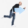 Man holding blue arrow icon Royalty Free Stock Photo