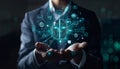 A man is holding a brain with a lot of technology on it by AI generated image Royalty Free Stock Photo