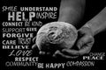 Man holding bread with both hands, helping hands giving bread. Word cloud. Black and white Royalty Free Stock Photo