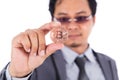 Man holding bronze bitcoin in hand isolated on white background Royalty Free Stock Photo