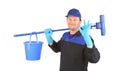 Man holding broom and bucket. Royalty Free Stock Photo