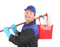 Man holding broom and bucket. Royalty Free Stock Photo
