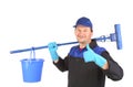 Man holding broom and bucket. Royalty Free Stock Photo