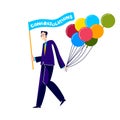 Man holding bunch of balloons. Cartoon male congratulating with holiday event Royalty Free Stock Photo