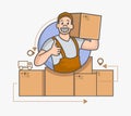 A man holding a cardboard box. Heaver or loader concept illustration. Apartment moving service sign or logo