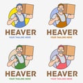 A man holding a cardboard box. Heaver or loader logo in four color modes. Apartment moving service sign Royalty Free Stock Photo