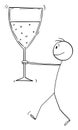 Man Holding or Carrying Big Glass of Wine or Champagne to Celebrate Success, Vector Cartoon Stick Figure Illustration