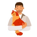 Man holding cat, adorable scene with two friends hug and cuddle, guy playing with kitty